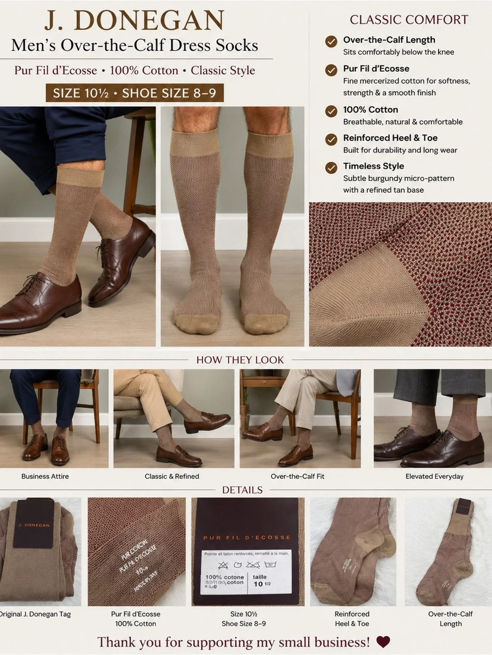 Vintage J. Donegan Men’s Dress Socks 10.5 Fil d’Ecosse Cotton OTC Tan Burgundy